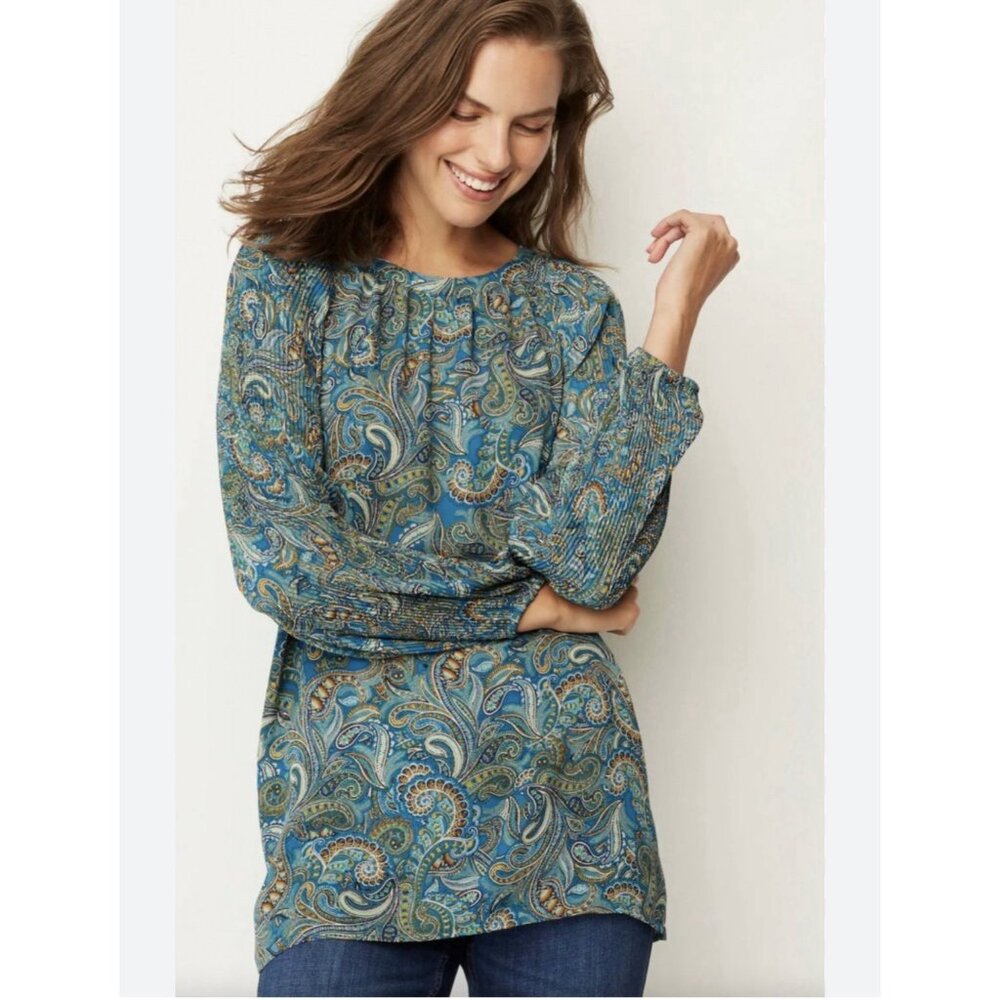J.Jill Boho Fairycore Paisley Pleated Sleeve Top Teal Romantic Festival Size Sml